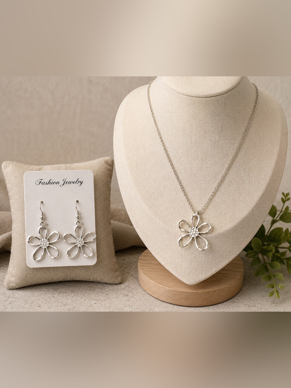 Silver-Tone Floral Pendant Necklace and Earrings Set